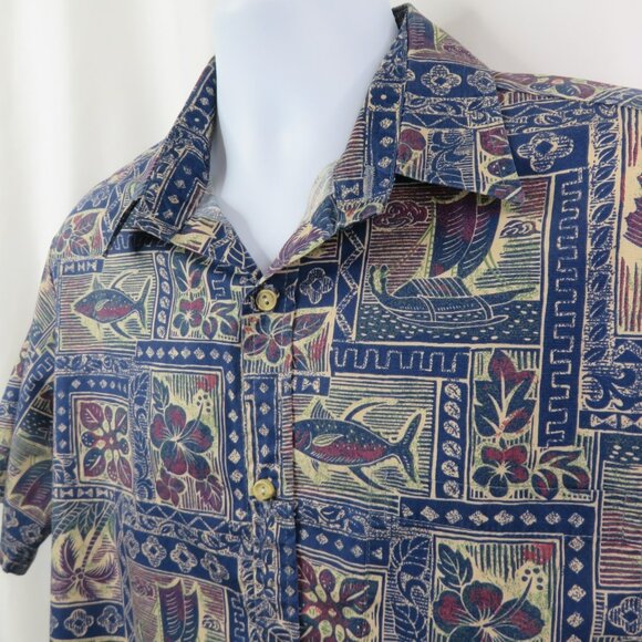 RJC Hawaiian Shirt Mens L Aloha Blue Fish Floral 100% Cotton Made in Hawaii - Picture 1 of 10